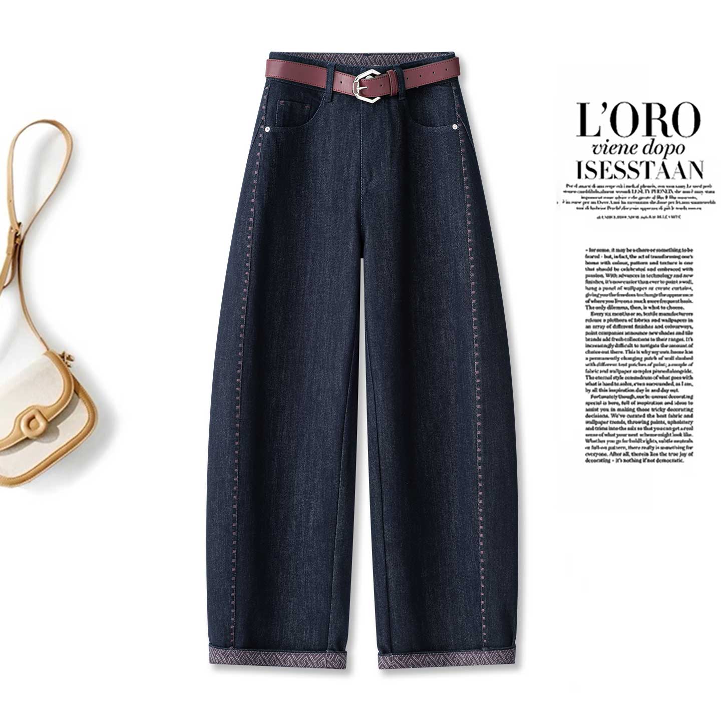 拉夏贝尔丹宁色气球牛仔裤女2025秋冬新款宽松显瘦加绒直筒弯刀裤