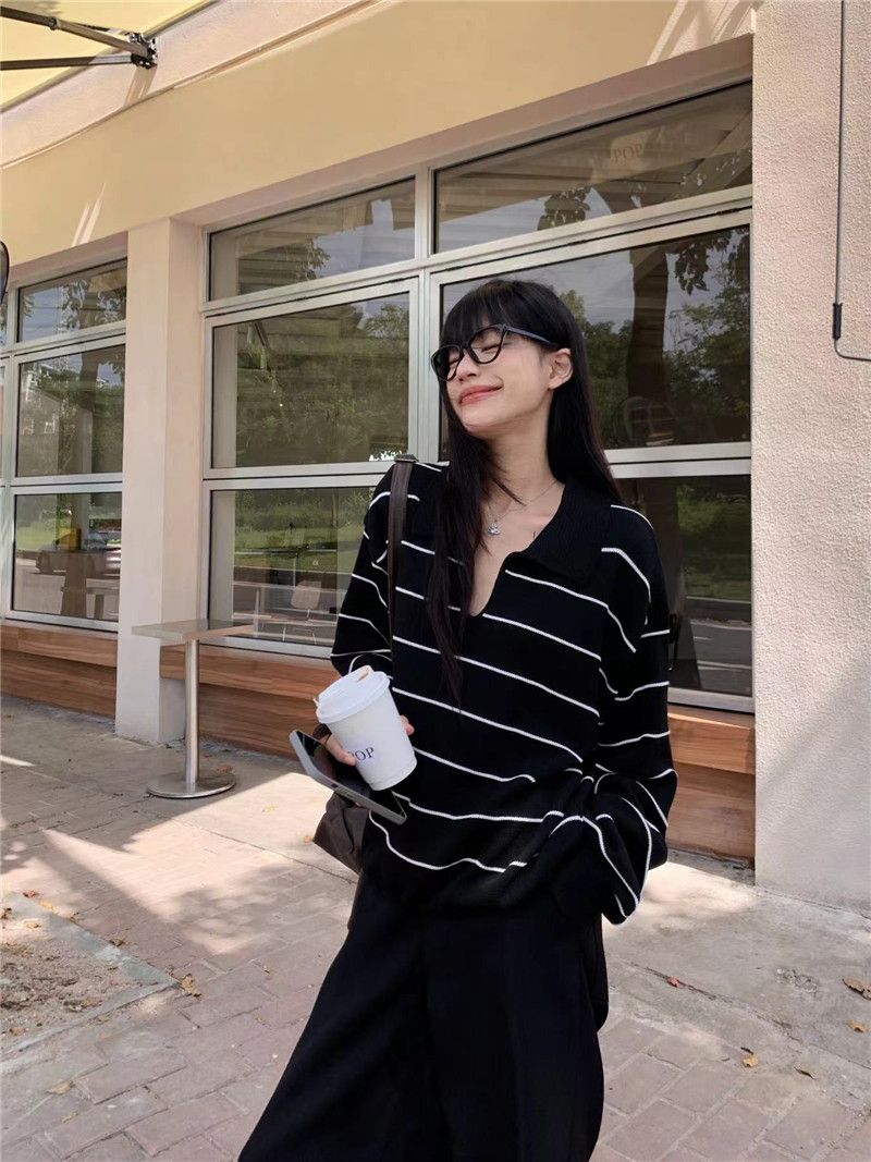 黑色条纹Polo领长袖针织衫女2025早秋老钱风宽松慵懒百搭休闲上衣