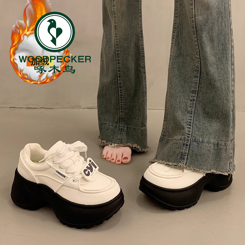 啄木鸟厚底老爹鞋女小个子增高加绒2025新款秋季百搭运动小白鞋女