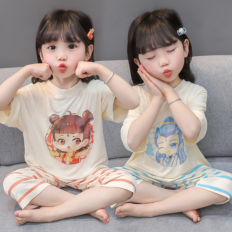 女童莫代尔睡衣哪吒套装女宝宝家居服七分袖空调服男孩儿童空调服