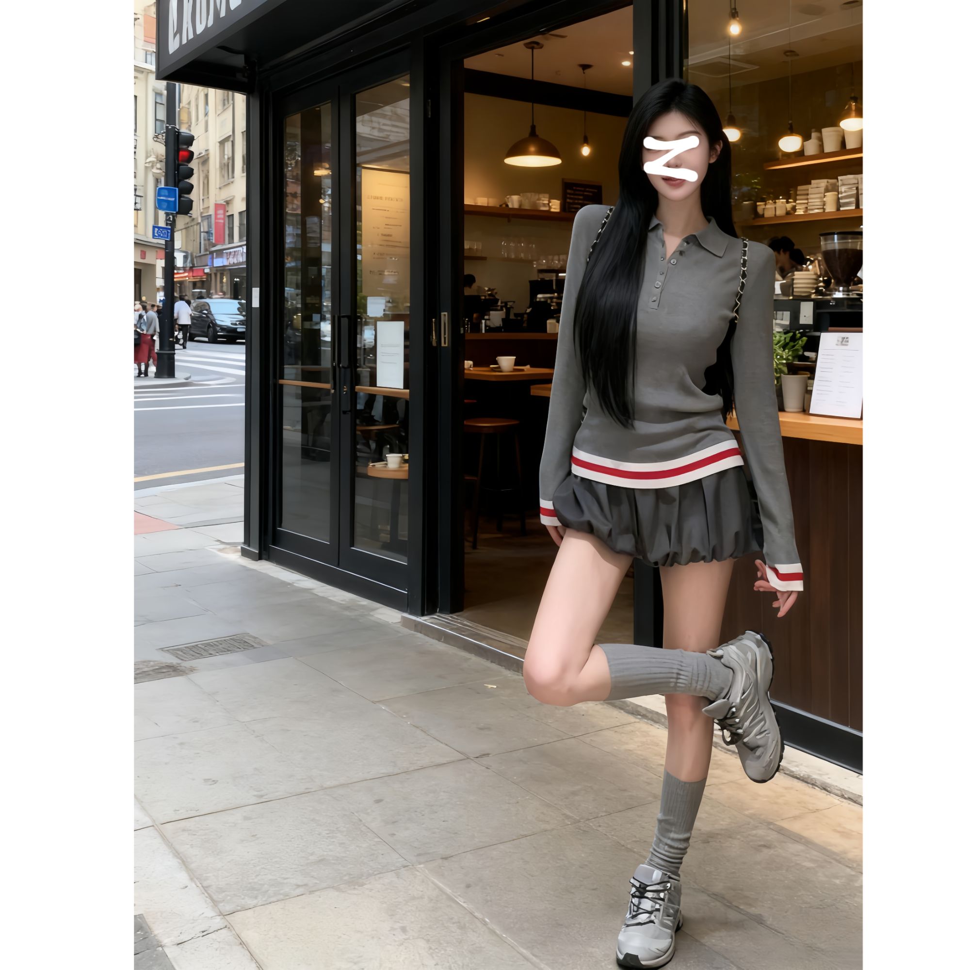 2025秋季翻领条纹毛衣上衣气质高腰显瘦花苞短裤韩系穿搭X11367