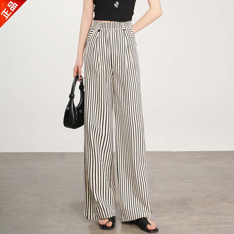 正品2025夏季新款薄款时尚条纹休闲裤女款显瘦垂感直筒阔腿裤爆款