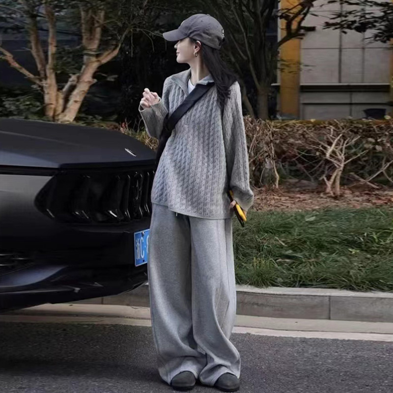 一整套早秋穿搭女韩系慵懒风简约纹理感半拉链针织衫纯色阔腿裤子