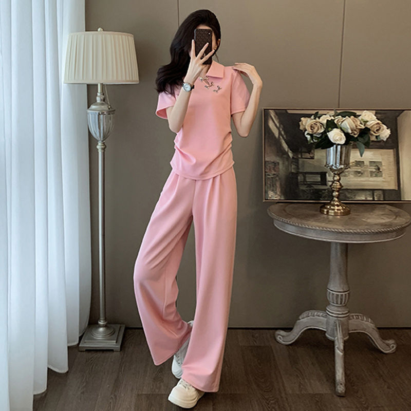 欧美外贸搭配一整套黑色短袖上衣阔腿裤时尚洋气减龄两件套女