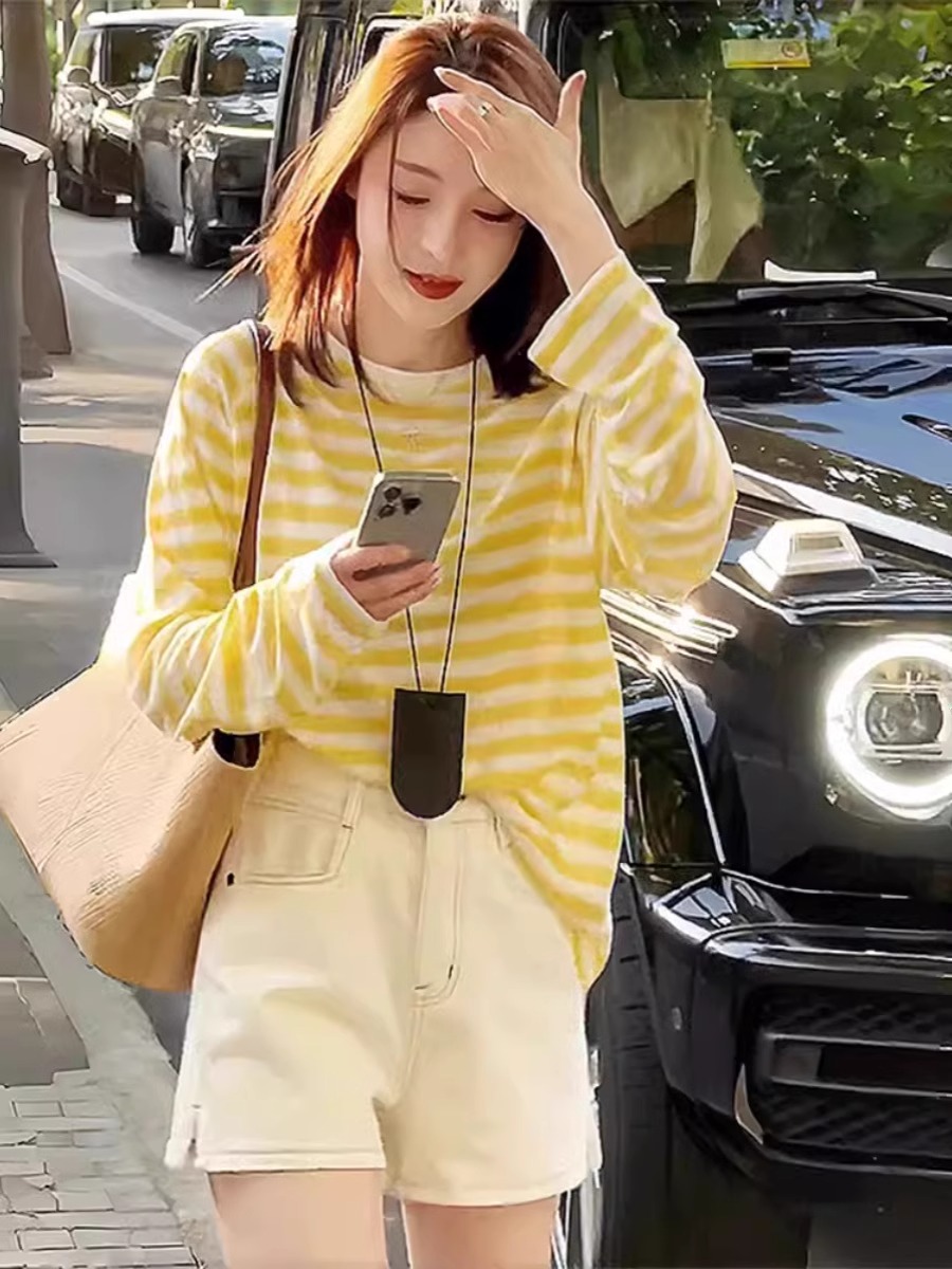 冰丝条纹防晒衫女夏季新款宽松透气面膜长袖t恤薄款套头空调罩衫