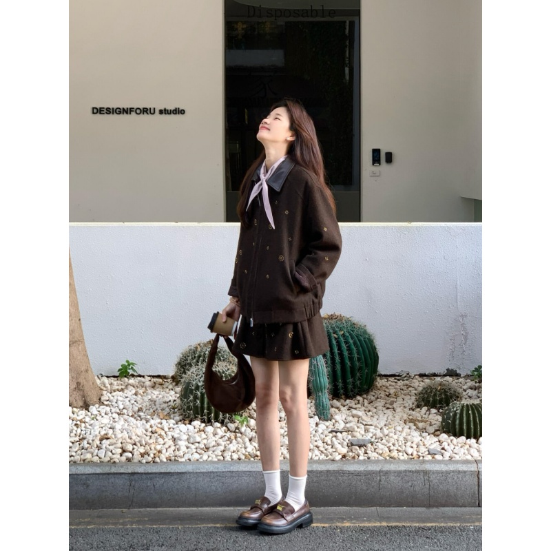 MARIE.COCO秋冬新款美拉德拼接款长袖夹克外套内搭衬衫刺绣半身裙