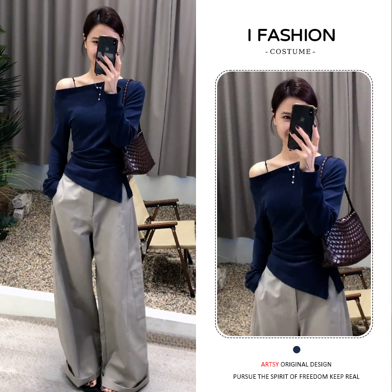 高含棉设计感斜领露肩长袖t恤女2025年春秋新款减龄气质显瘦上衣