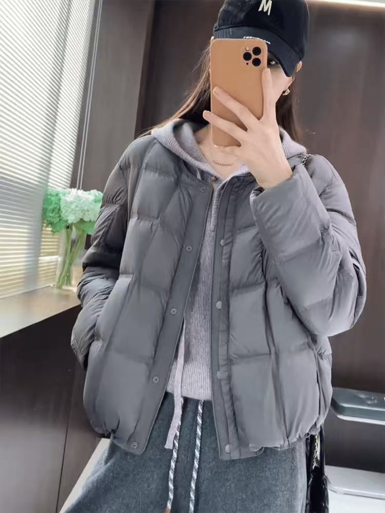 方块圆领白鸭绒羽绒服女短款2025冬季新款韩系小个子轻薄保暖外套