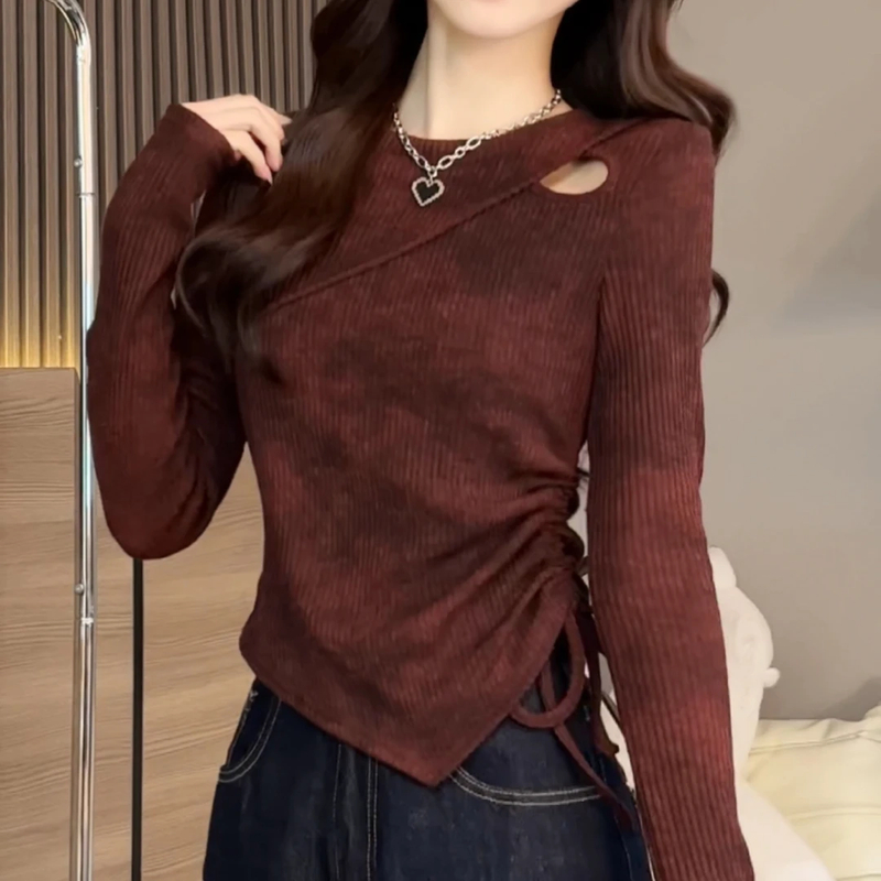 红色辣妹设计感保暖内搭打底衫女秋冬时尚百搭不规则抽绳打底上衣