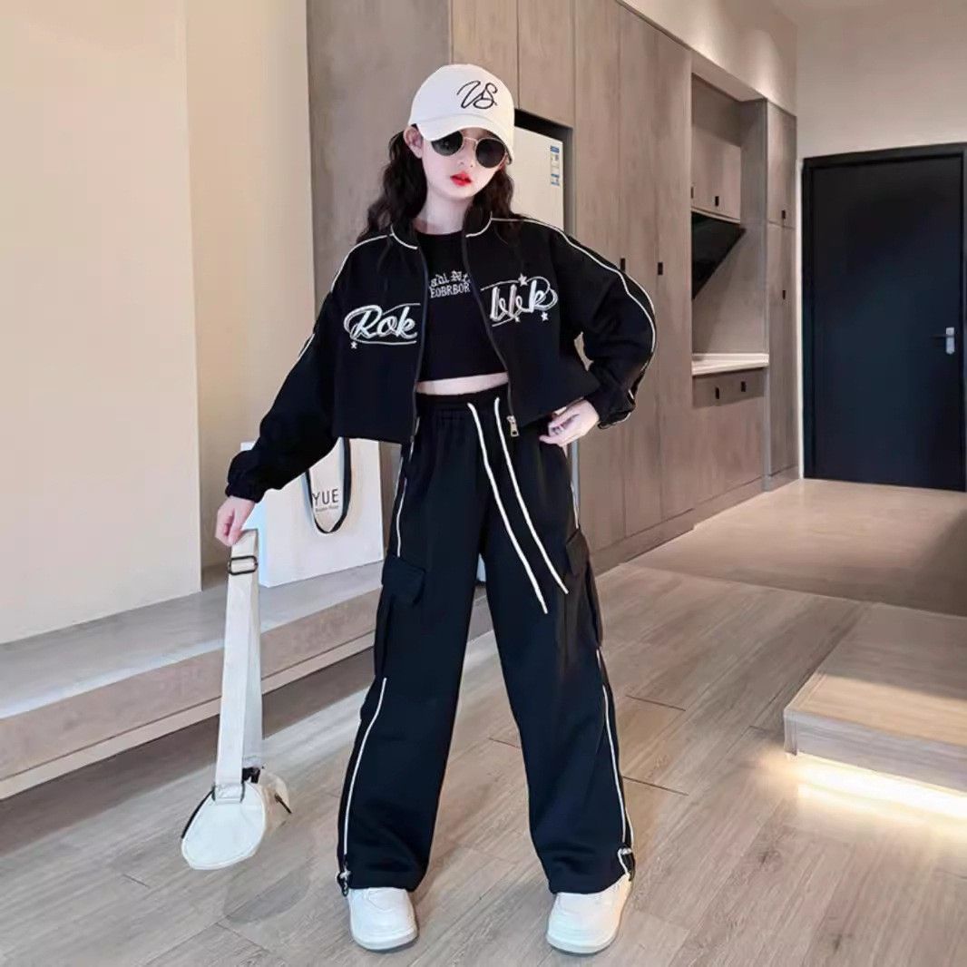 女童秋装长袖拉链外套长裤两件套2025新款中大童时髦韩版运动套装