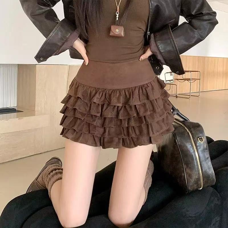 复古辣妹鹿皮绒百褶蛋糕裙秋冬高腰显瘦半身裙百搭A字包臀短裙子