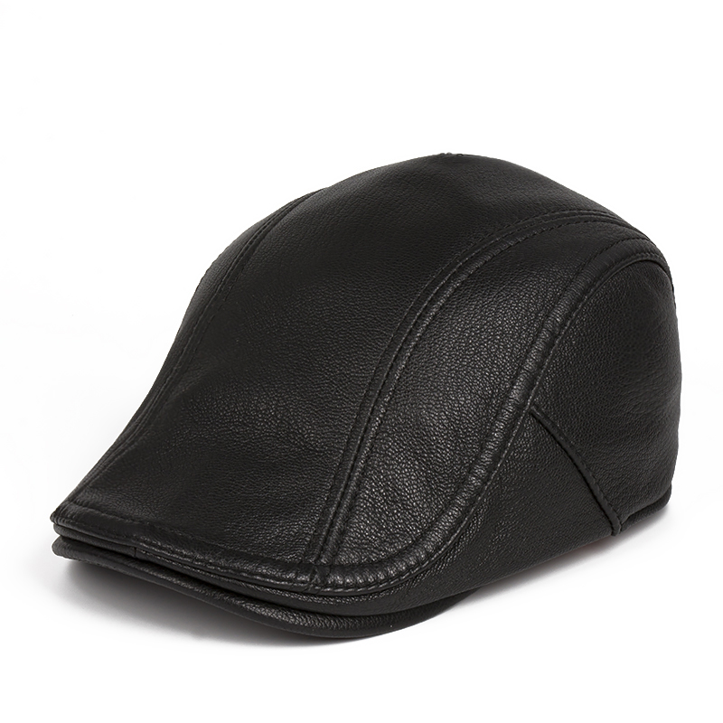 韩版真皮帽子男士羊皮鸭舌帽秋冬季中老年人保暖贝雷帽单帽前进帽
