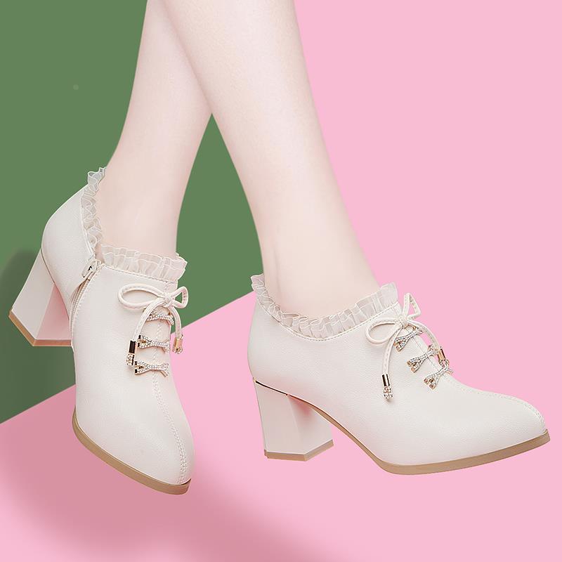 2025年春款夏季新款中跟高跟鞋粗跟中年妈妈鞋真皮鞋短靴子马丁靴