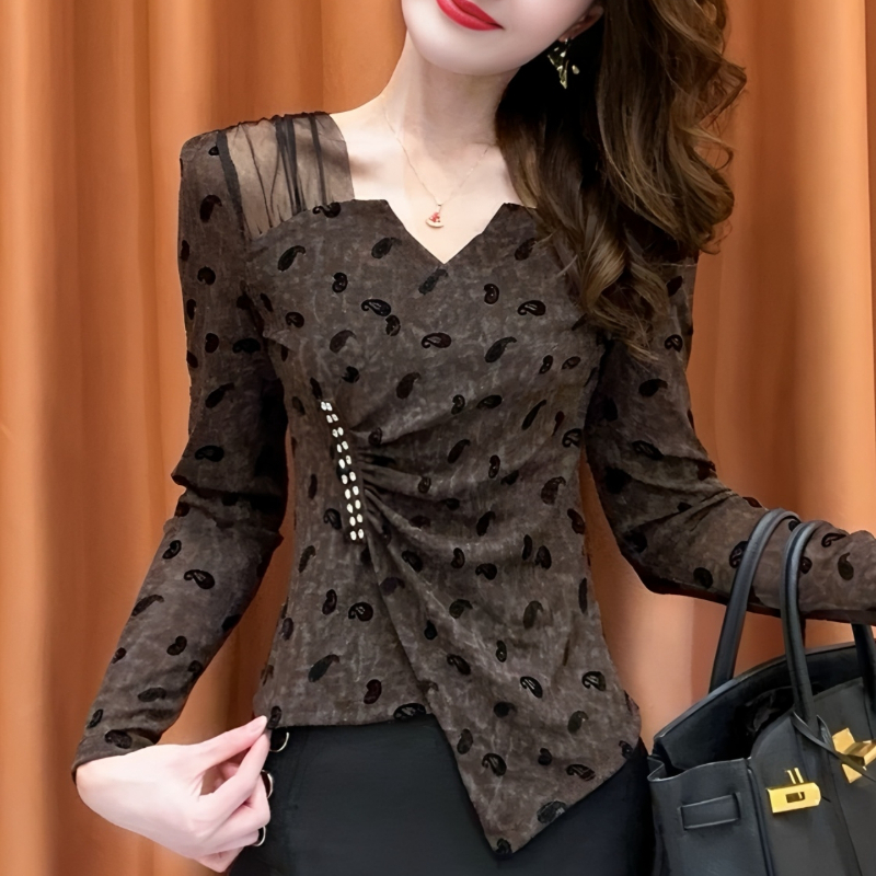 拼接网纱肩不规则打底衫女士2025春秋季新款收腰遮肉显瘦气质T恤