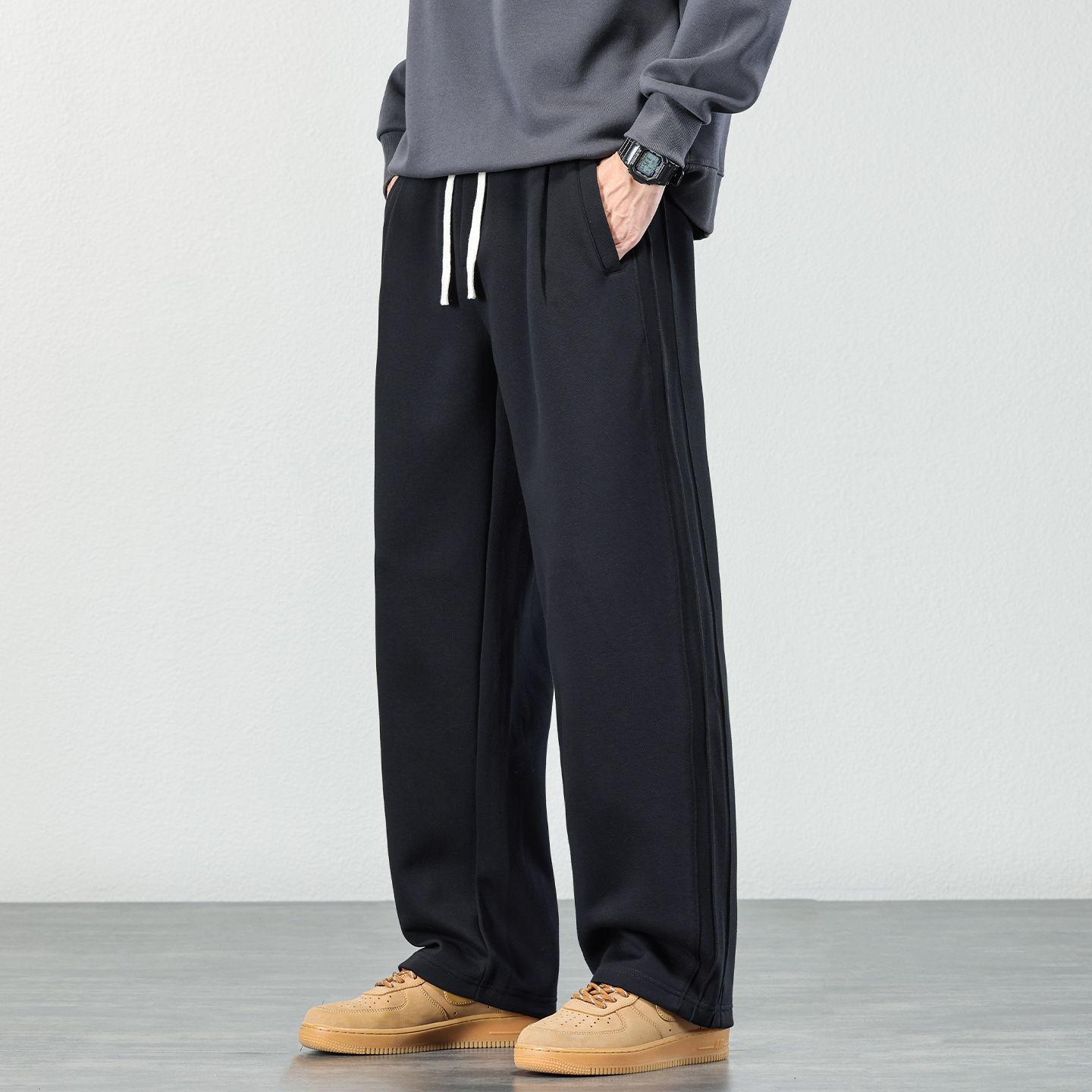 国潮牌宽松直筒卫裤男士2025秋冬季松紧腰运动裤基础通勤休闲裤子