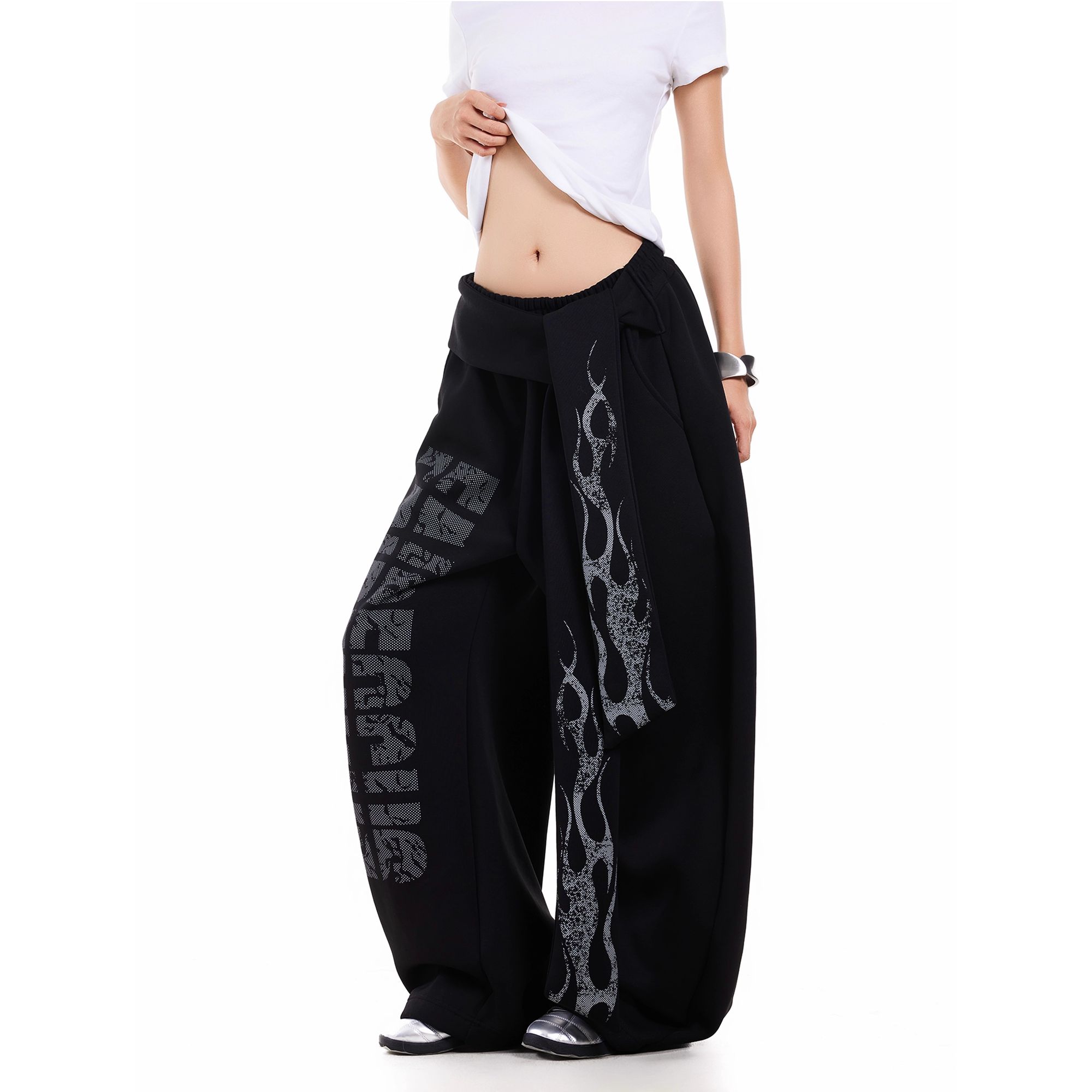 美式复古设计感字母火焰飘带宽松阔腿休闲卫裤女春秋夏爵士舞长裤