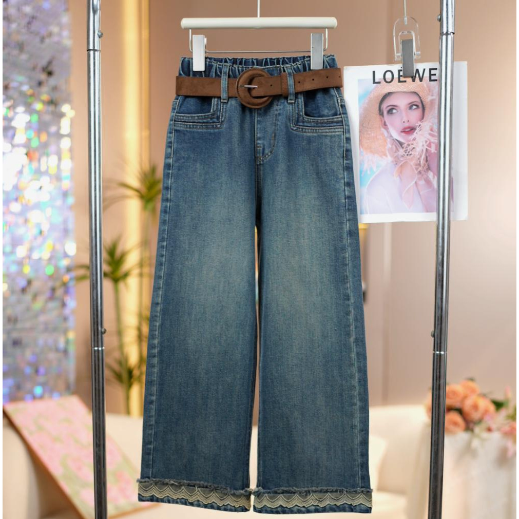 女童2025秋季新款脚口花边牛仔裤中大童时尚百搭儿童洋气直筒裤子