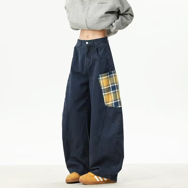 美式复古拼接大口袋工装牛仔裤春秋季设计感高腰宽松阔腿拖地裤子