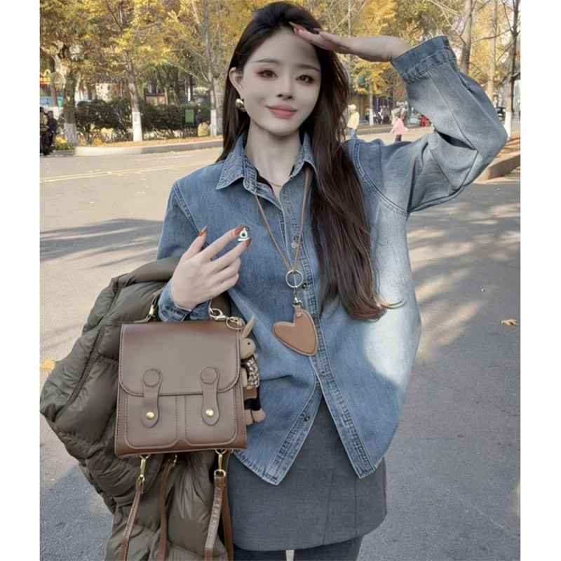 韩版设计感小狗刺绣加绒牛仔衬衫女冬季2025新款打底衫叠穿外套潮