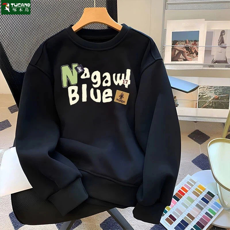 啄木鸟秋冬季加绒加厚男士百搭卫衣圆领宽松长袖T恤打底衫潮流