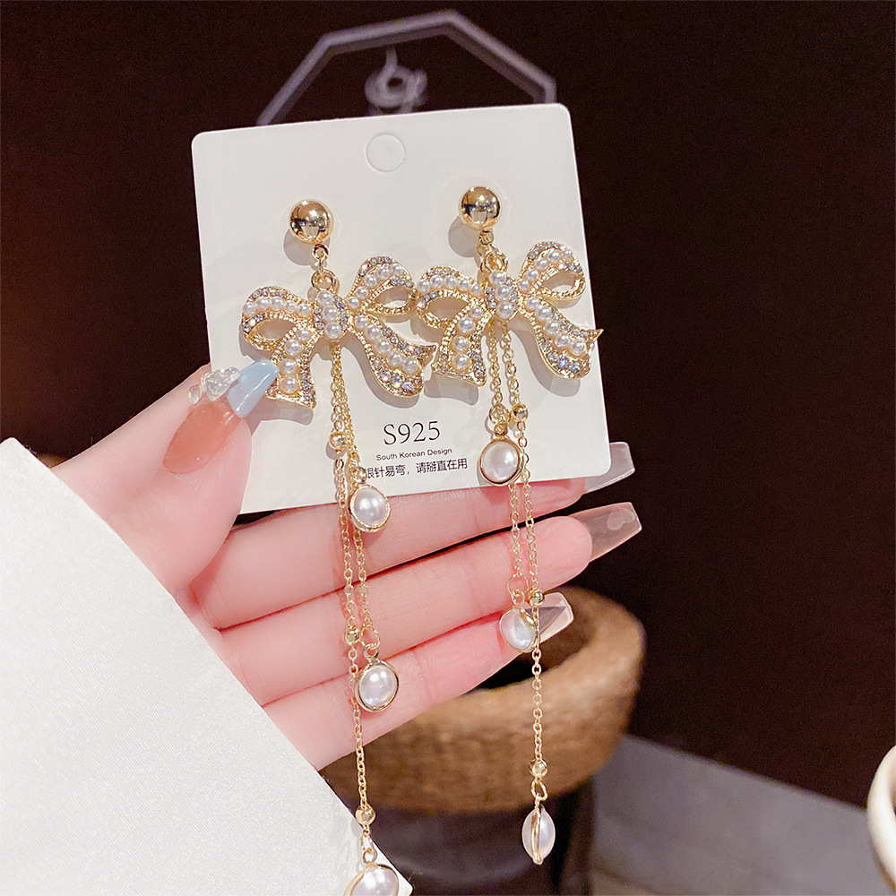 铜合金耳饰 银针满钻蝴蝶结流苏耳饰小众高级感耳坠时尚夸张耳环