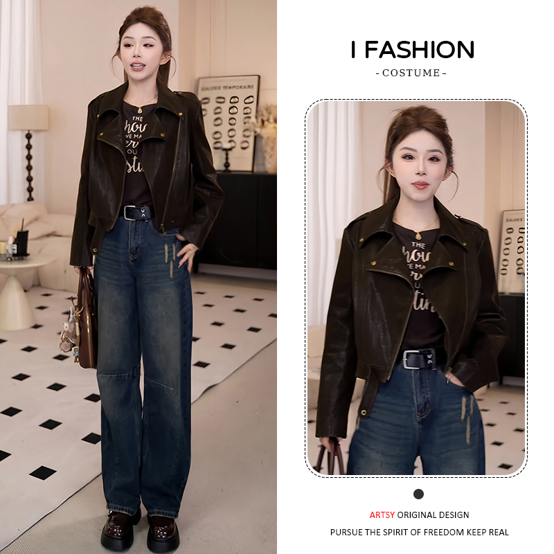 法式复古夹克长袖皮衣女2025年秋季新款小个子百搭遮肉拉链短外套