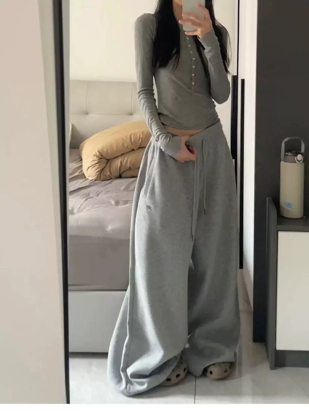 美式螺纹松紧腰休闲灰色卫裤女宽松束脚运动重磅街舞阔腿拖地裤子