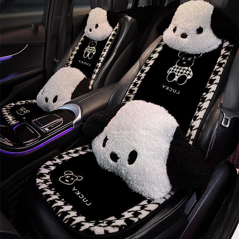冬季加绒网红汽车坐垫毛绒保暖千鸟格小熊卡通可爱通用座垫