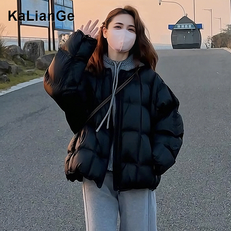 卡莲格/韩系针织连帽拼接棉服外套女冬季加厚保暖羽绒手塞棉棉衣