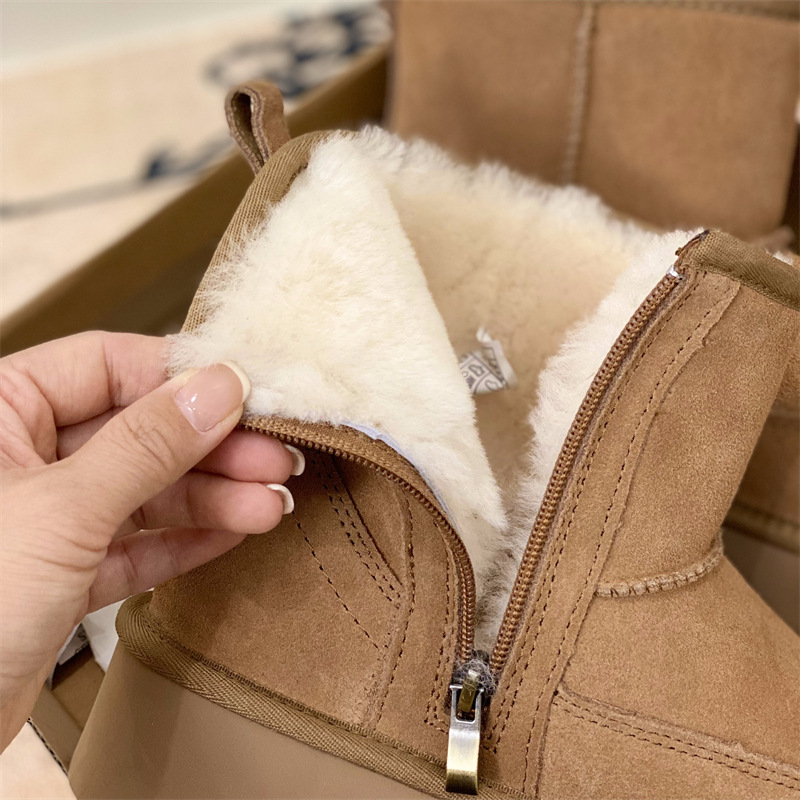 桑坡雪地靴厚底冬季新款皮毛一侧拉链短筒羊毛加绒加厚保暖棉鞋