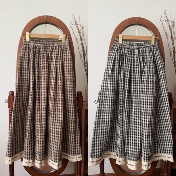 加厚撞色格子下摆刺绣毛边半裙（裙长83腰围62-120）