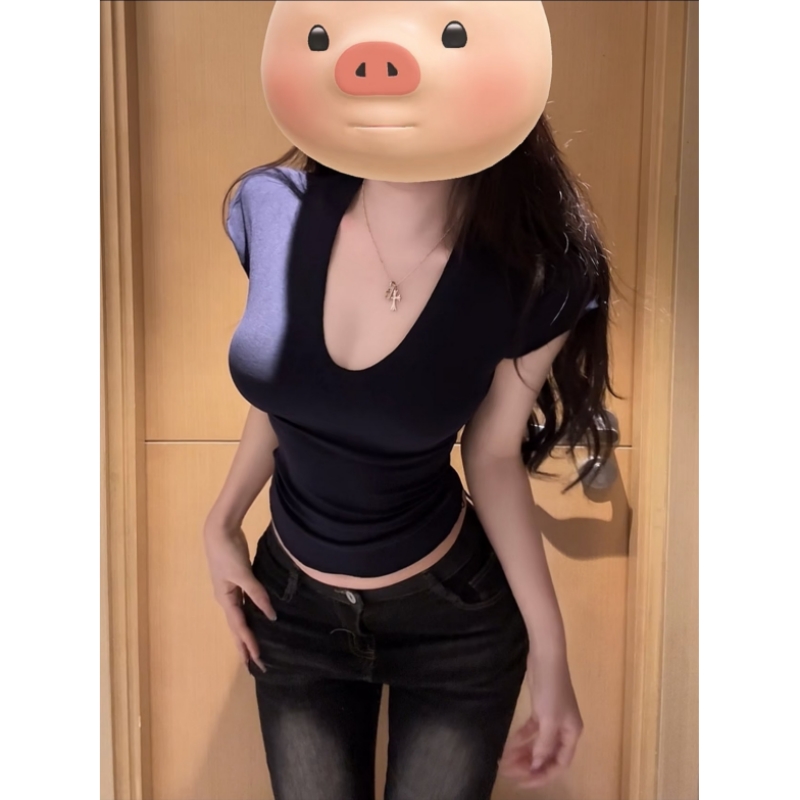 美式辣妹V领飞飞袖高弹力短袖打底上衣女夏季新款低领修身显瘦T恤