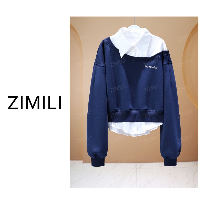 【亮哥女装】2025秋冬新品《肃穆》藏蓝色拼接衬衫假两件卫衣6685-K5