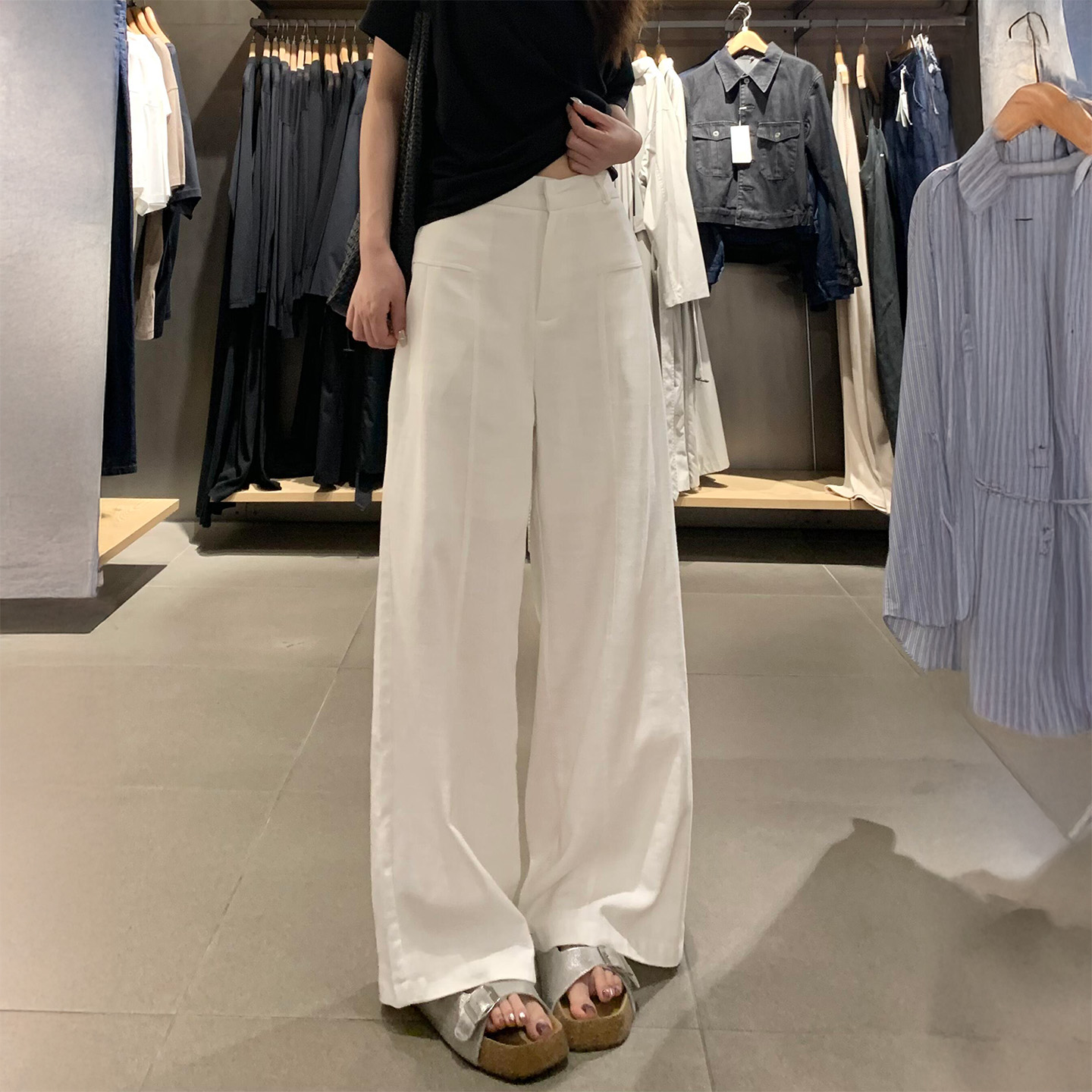 新款白色苎麻直筒休闲裤女秋季胖妹妹mm高腰显瘦设计感宽松阔腿裤