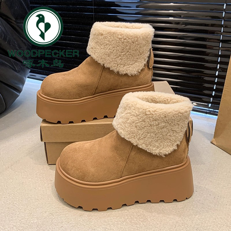 啄木鸟厚底增高雪地靴女2025冬季加绒保暖短靴时尚丑萌大头棉鞋