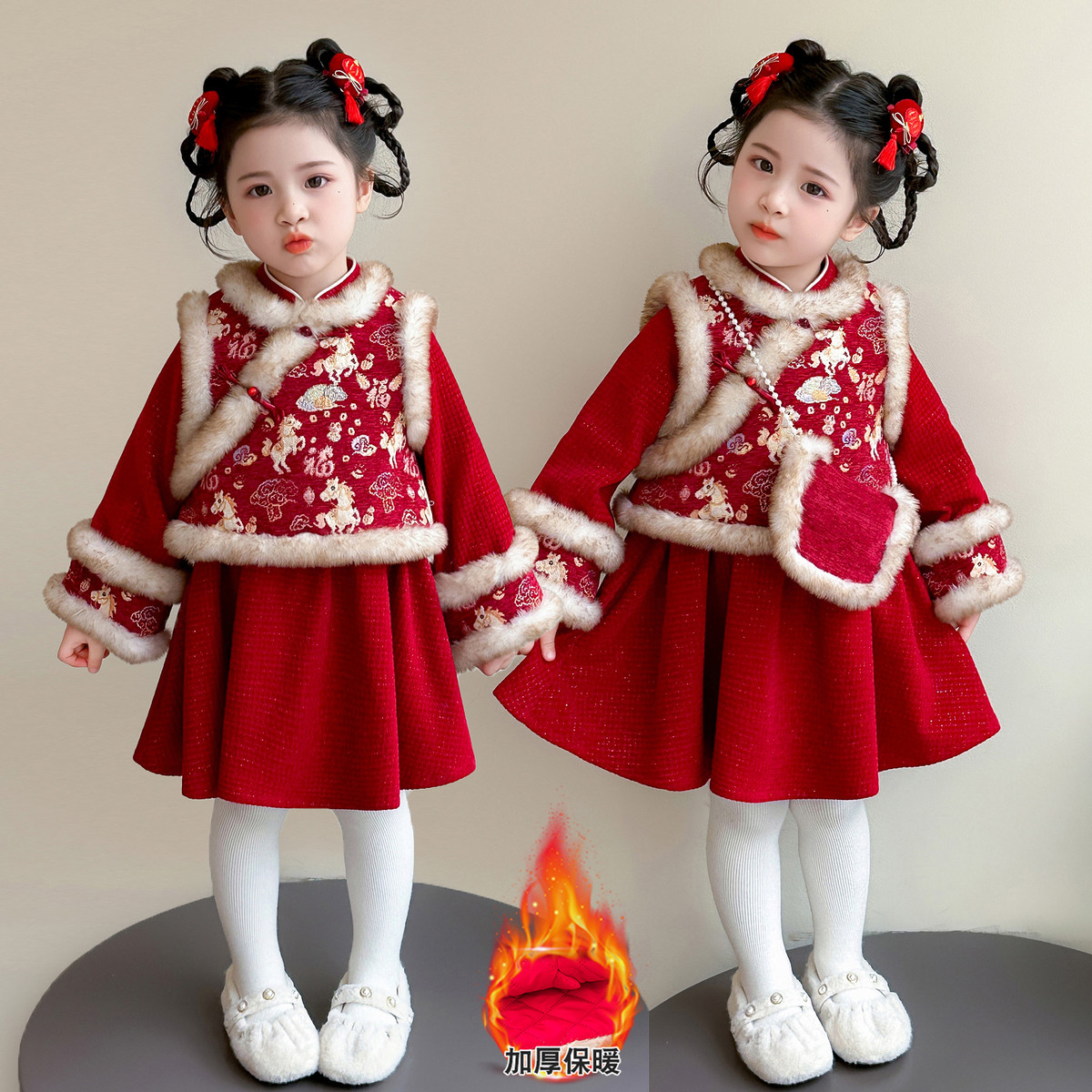 女童新中式拜年服连衣裙加绒加厚小女孩新年装裙子儿童唐装公主裙
