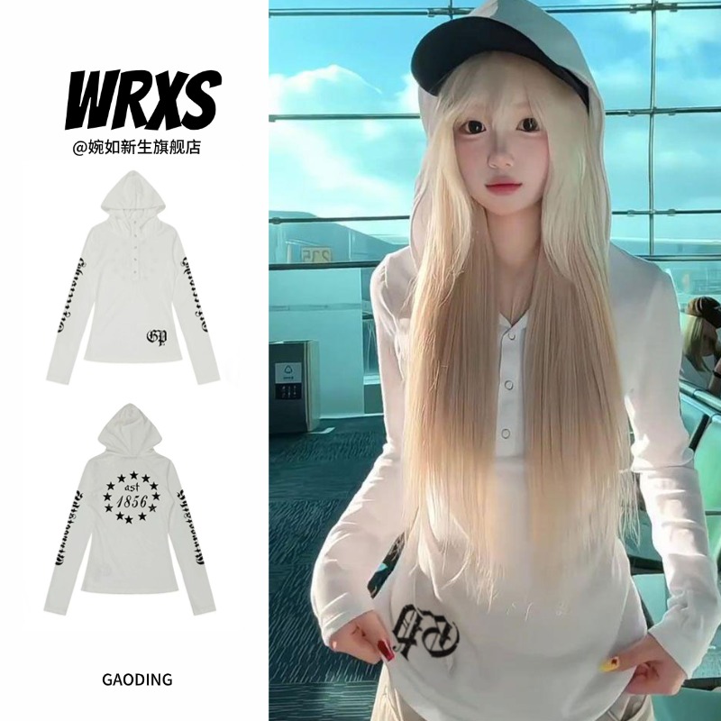 【婉如新生】美式复古哥特风长袖连帽t恤女夏季辣妹修身防晒罩衫ins