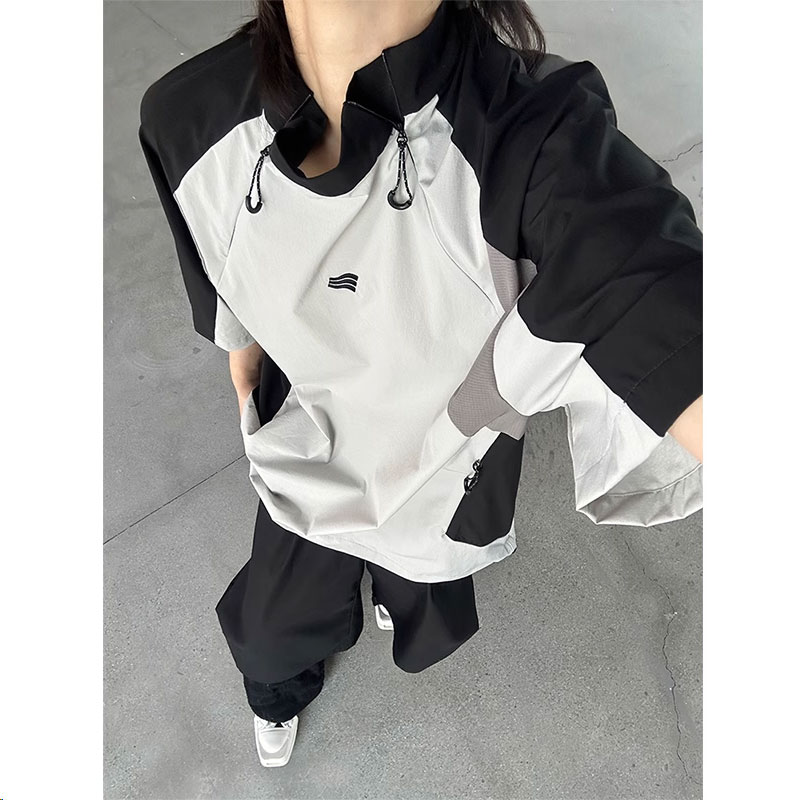 山系户外机能黑灰色网眼拼接防晒服短袖夏季训练速干骑行服T恤潮