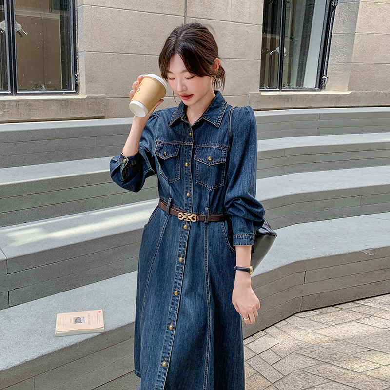 连衣裙裙子秋季九分袖收腰牛仔衬衫裙长袖春季春秋显瘦气质小个子