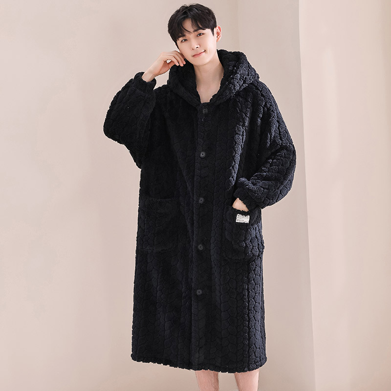 男士睡袍秋冬季珊瑚绒加绒加厚冬天款青年睡袍法兰绒浴袍家居服