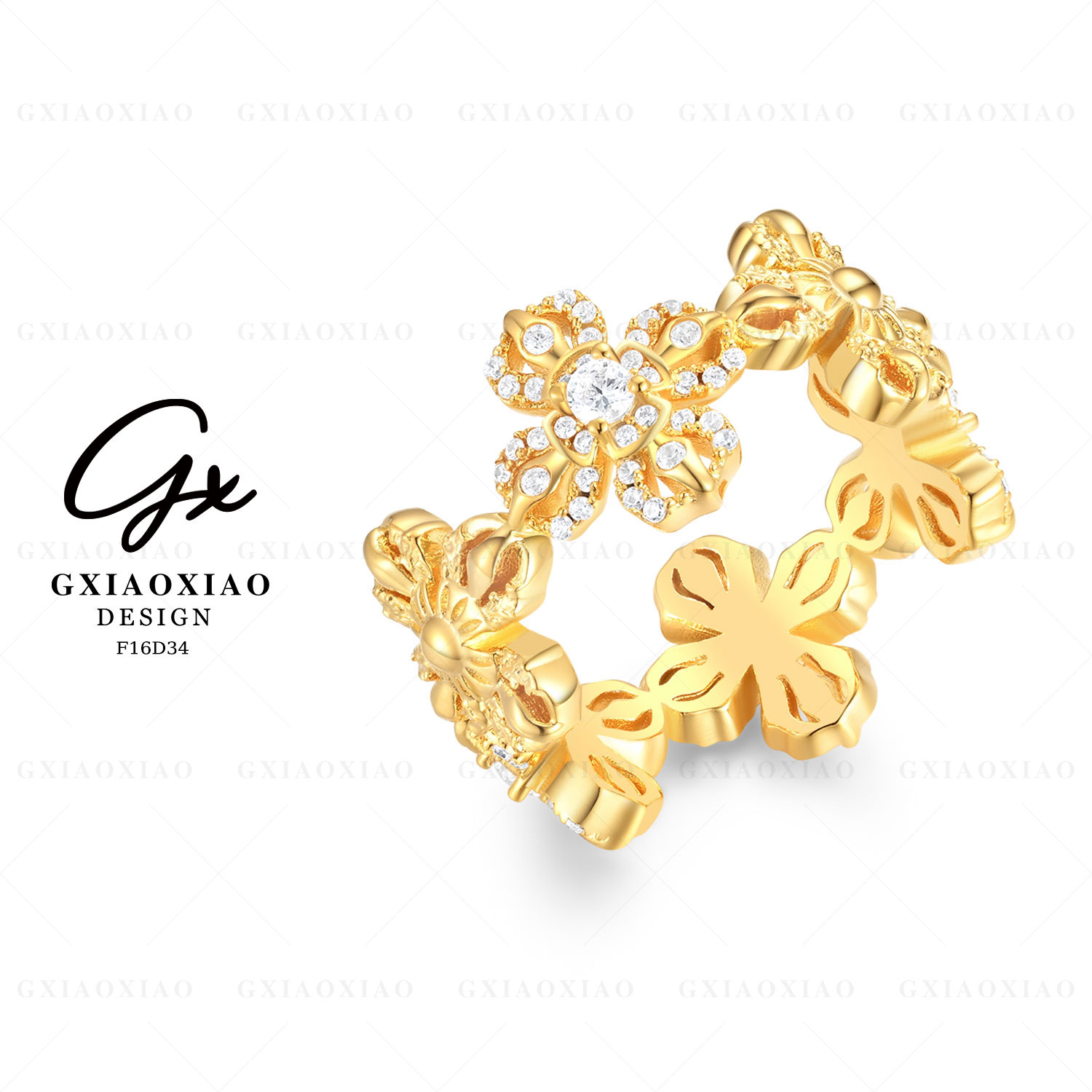G XIAOXIAO 合成锆石戒指 【鎏金繁花】新中式十字戒指F16D34
