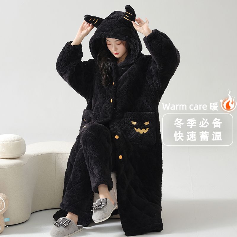 2025新款珊瑚绒冬天连帽三层夹棉冬季睡衣女加绒加厚可外穿家居服