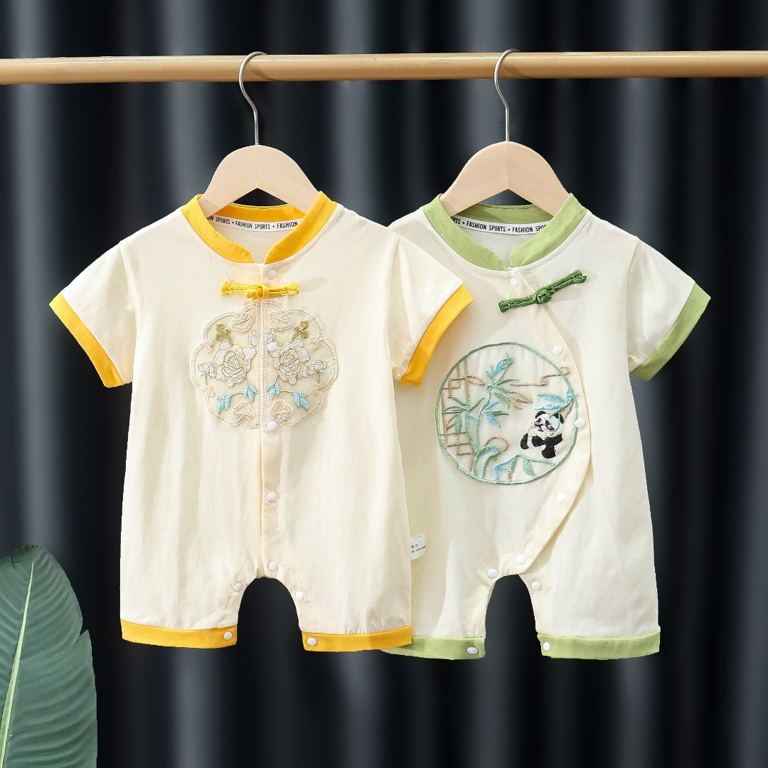 中国风萌娃婴儿半袖连体衣夏季纯棉哈衣薄款宝宝连体衣周岁礼服