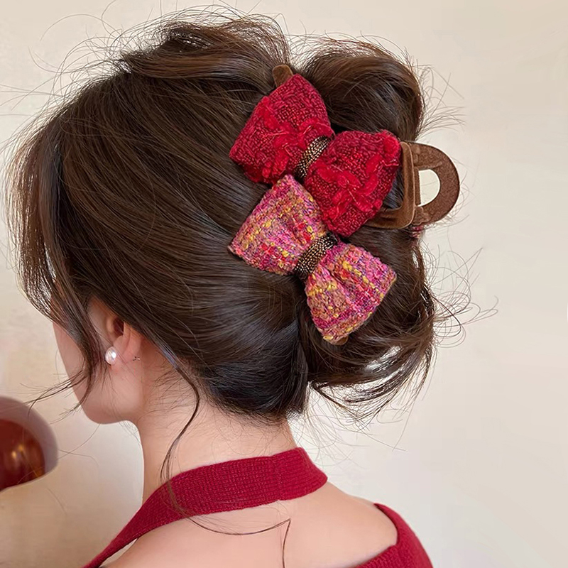 圣诞红AB面蝴蝶结抓夹大号女2024新高级感鲨鱼夹子发夹后脑勺头饰