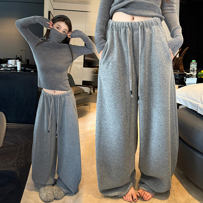 松弛感软糯垂感糯米裤女秋冬加绒简约撞色高腰显瘦抽绳休闲阔腿裤