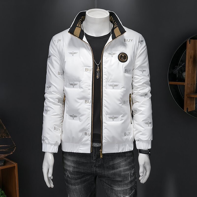 贾鲁萨加高端时尚秋冬羽绒服男士潮牌白鸭绒亮面免洗立领印花外套