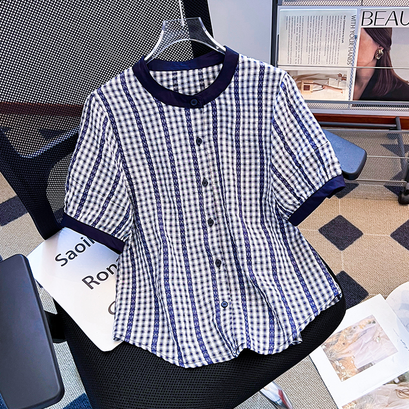 拉夏贝尔蓝色格子衬衫女款夏短袖2025新款爆款宽松减龄上衣小衫衣