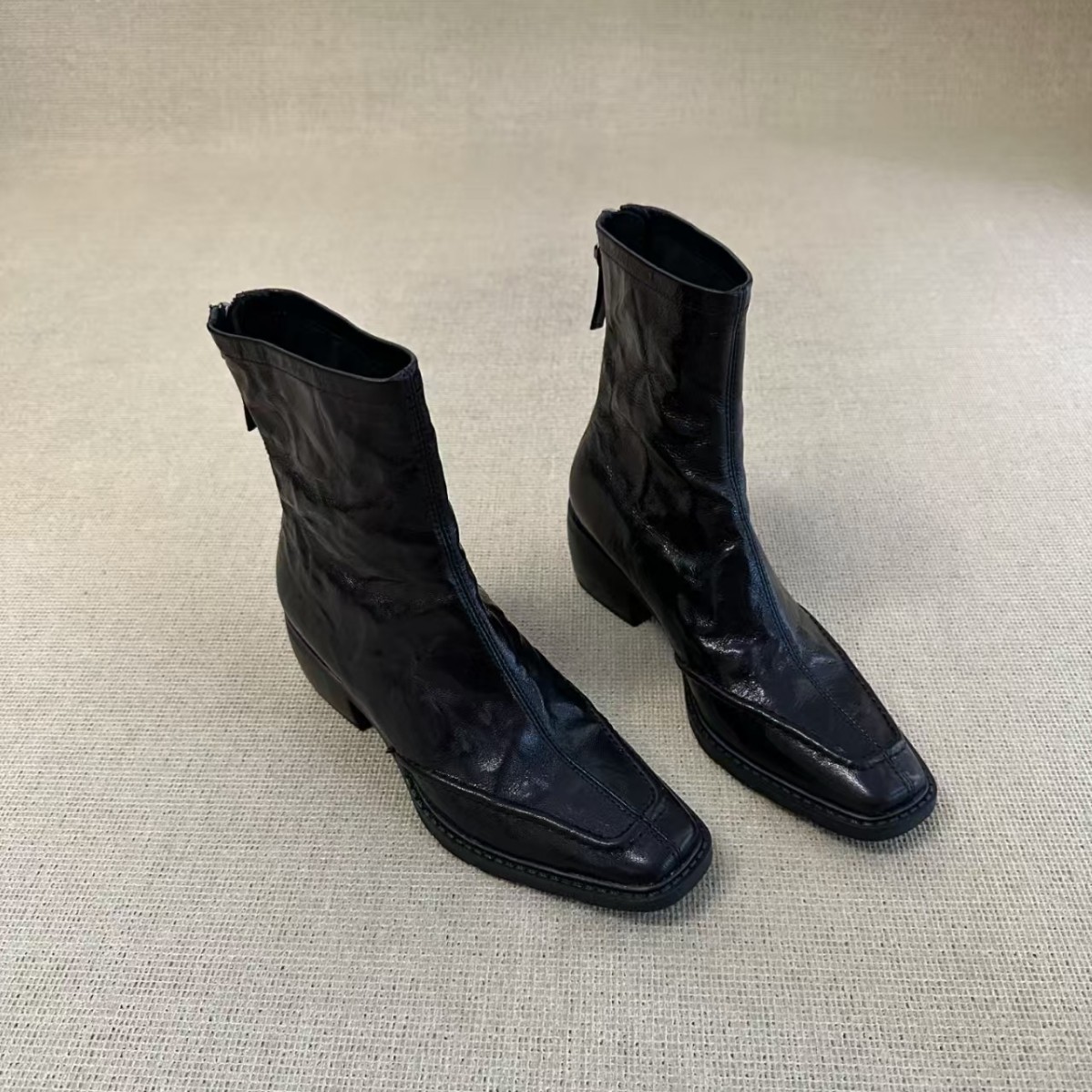 水洗褶皱~法式高跟方头瘦瘦短靴女粗跟复古马丁靴厚底切尔西单靴