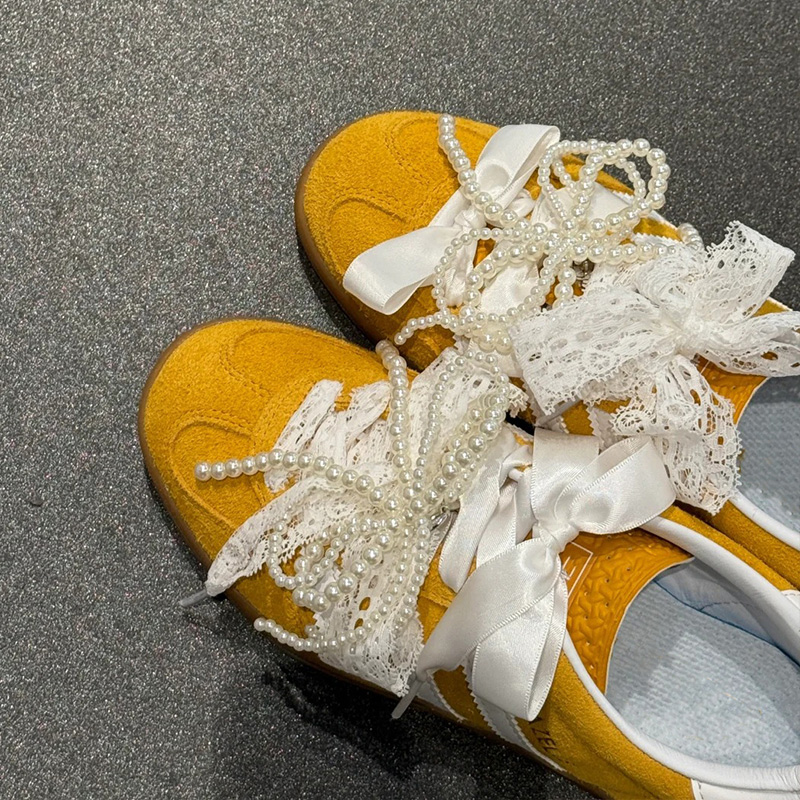 蕾丝鞋带阿迪德训鞋配饰芭蕾风白色丝带diy装饰珍珠蝴蝶结鞋扣女