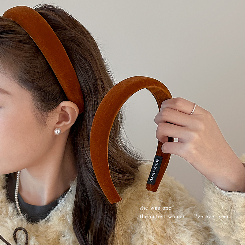 秋冬熟南瓜色丝绒宽边发箍女新款高颅顶头箍发卡简约百搭发捆头窟